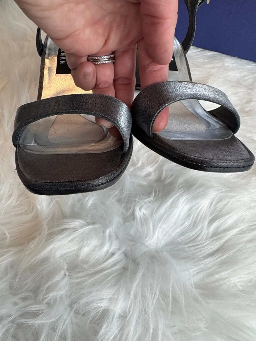Stuart Weitzman “Glosensation” Pewter Matte Lame Wedge Sandals size 9 - Picture 5 of 15